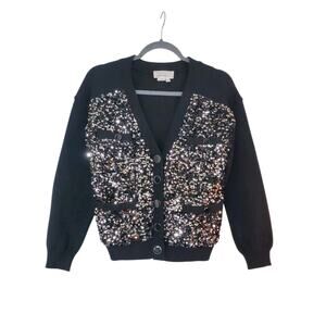 Anthropologie Disco Silver Sequin 4-Pocket Black Knit Cardigan Sweater, Size XXS